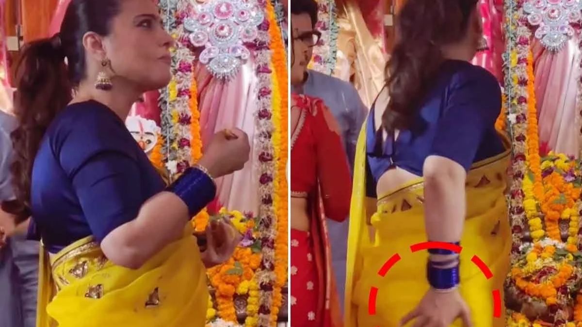 মণ্ডপে মিষ্টি খেয়ে শাড়িতে হাত মুছলেন কাজল, ভিডিও ভাইরাল